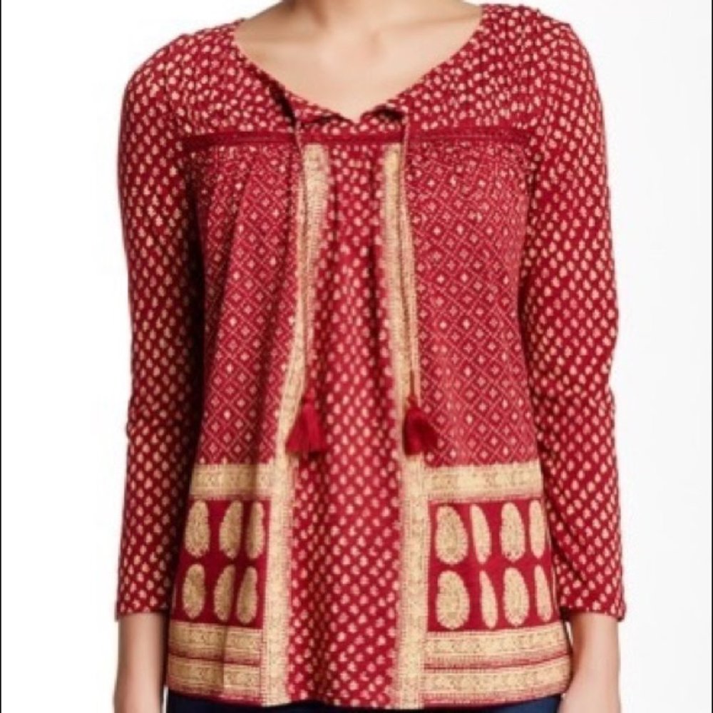 Lucky Brand Ditsy Flower Print Peasant Red Tassel Medium Blouse Top